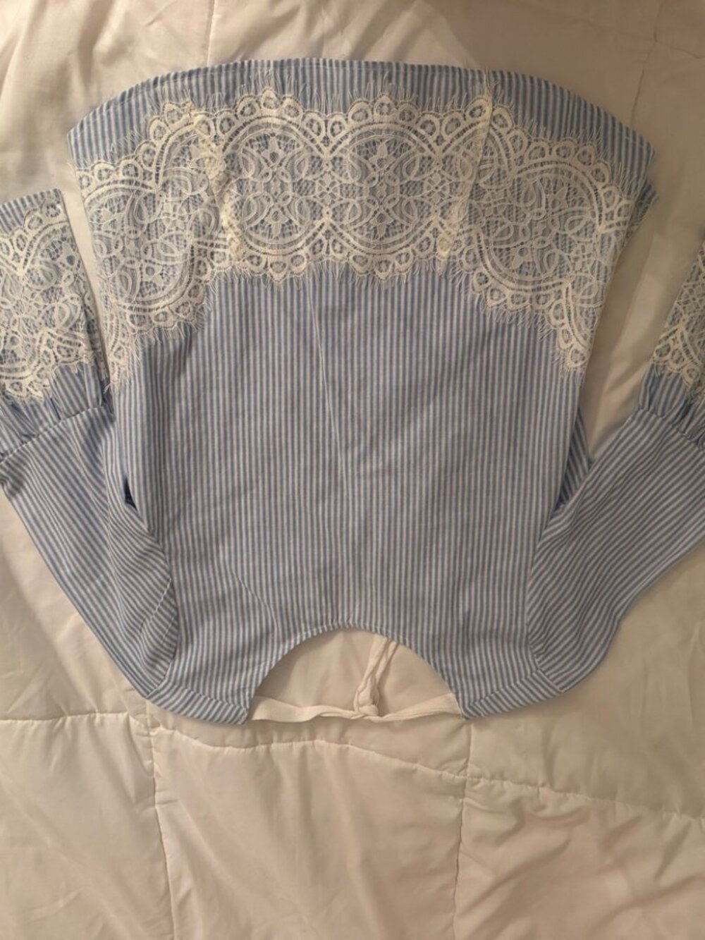 IRIS Striped Lace Off-Shoulder Top — Blue & White, M